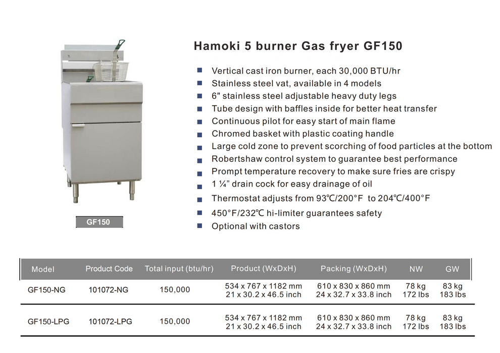 GF150 5 Burner Gas Fryer Single Tank with Twin Baskets